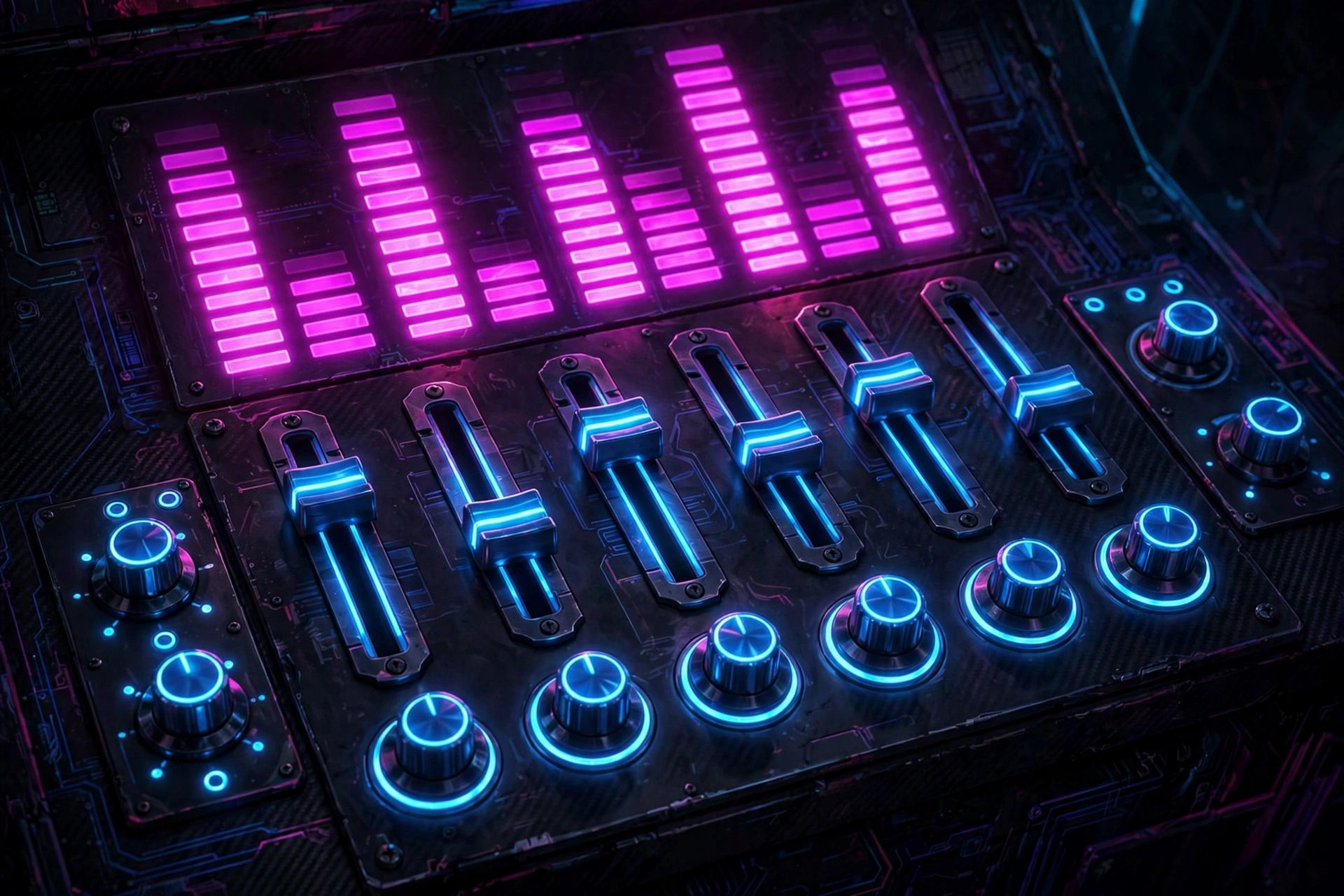 Neon arcade control panel with glowing sliders and dials