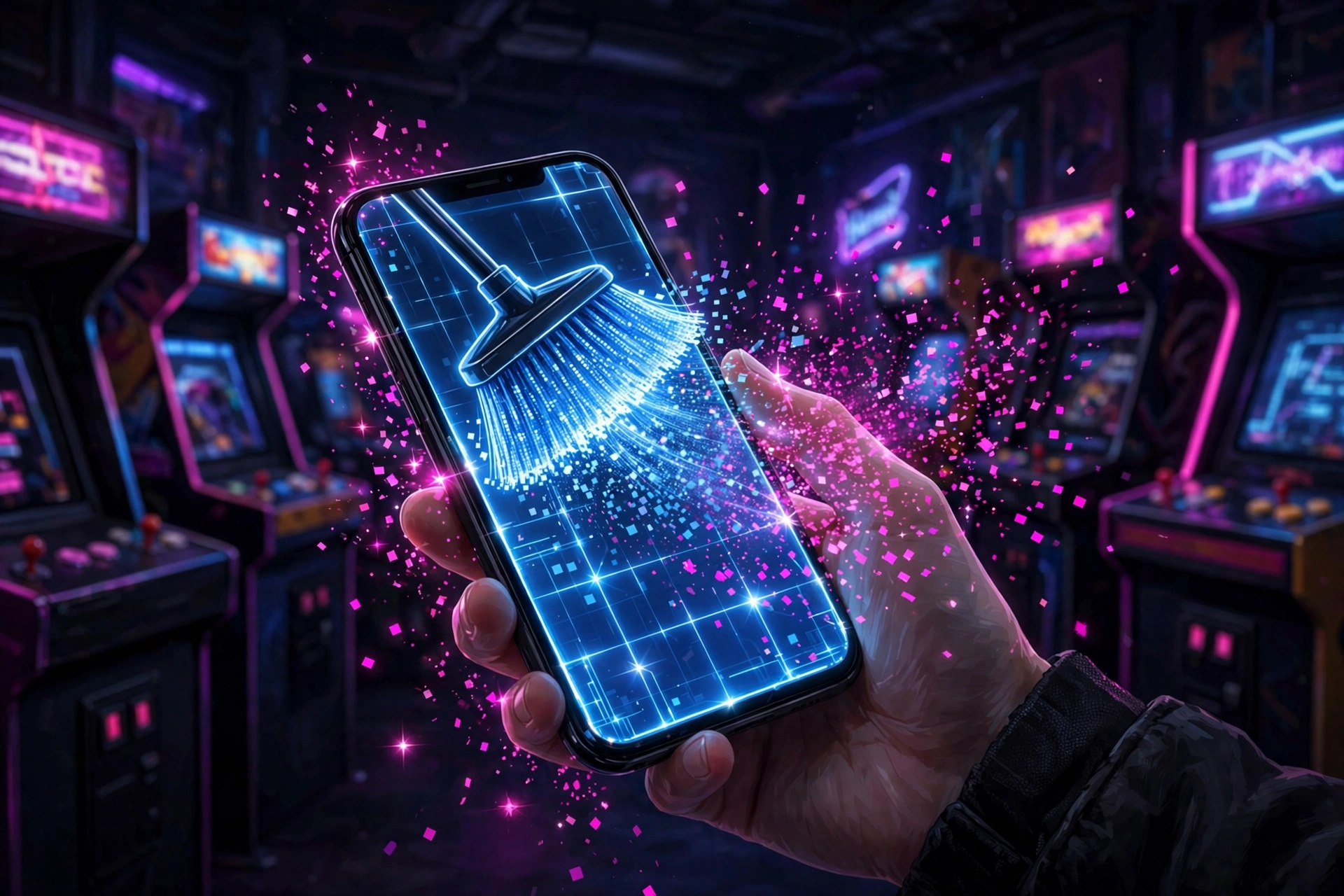 Smartphone with sparkling clean neon screen and digital broom sweeping pixel dust