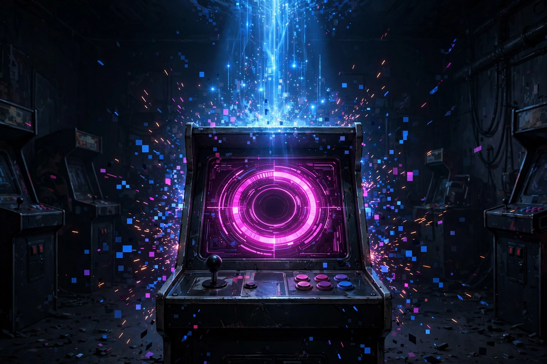 Arcade machine receiving a glowing blue software update beam