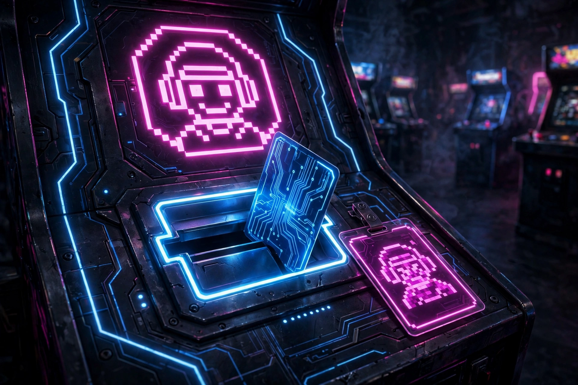 Glowing neon player card slot in an arcade cabinet