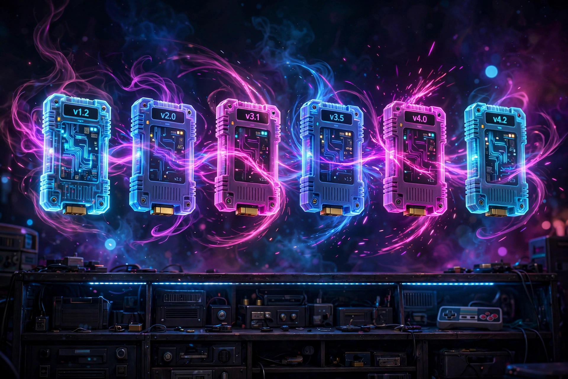 Glowing arcade cartridges with version numbers floating in neon light