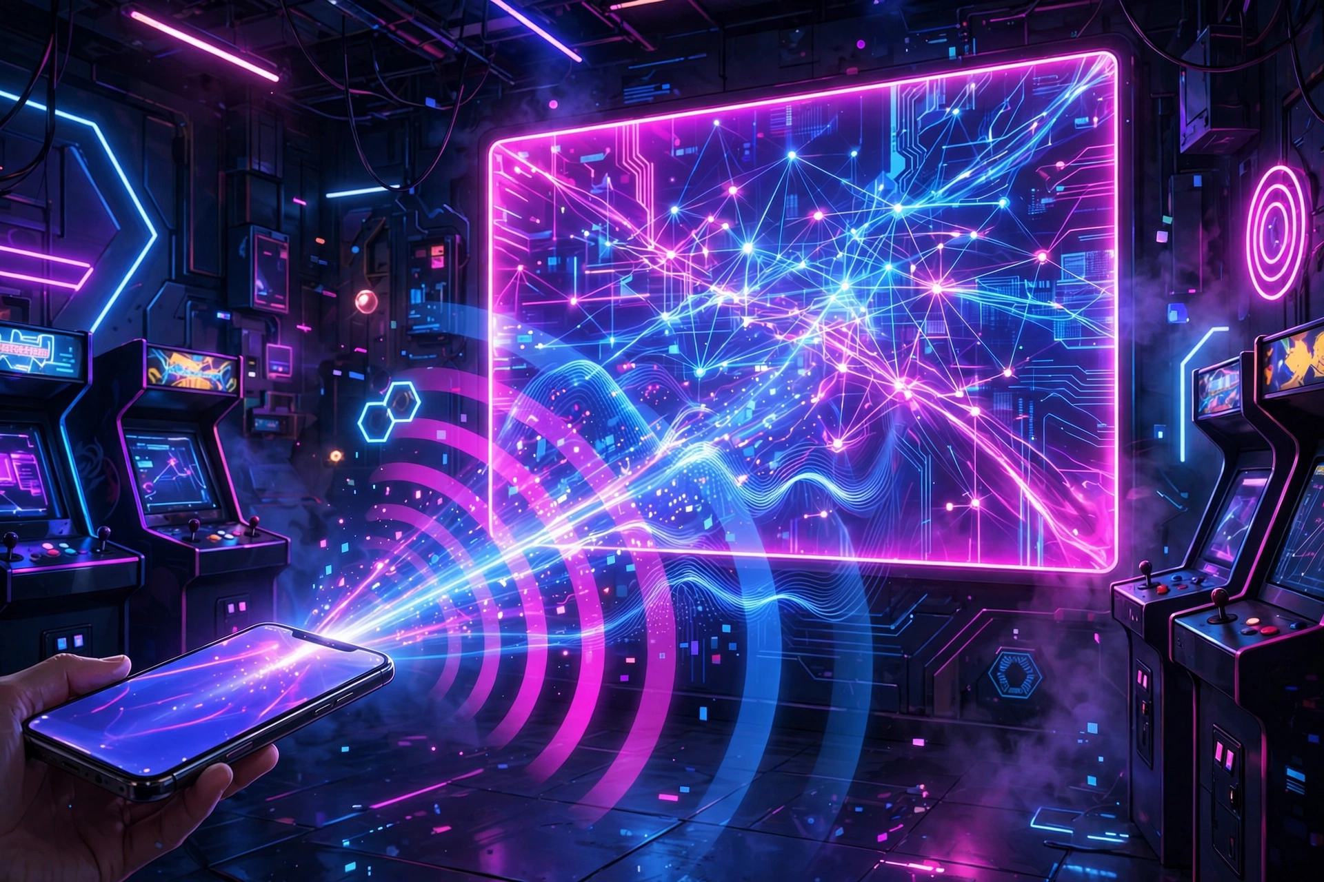 Phone casting a glowing beam to a neon screen with wireless waves