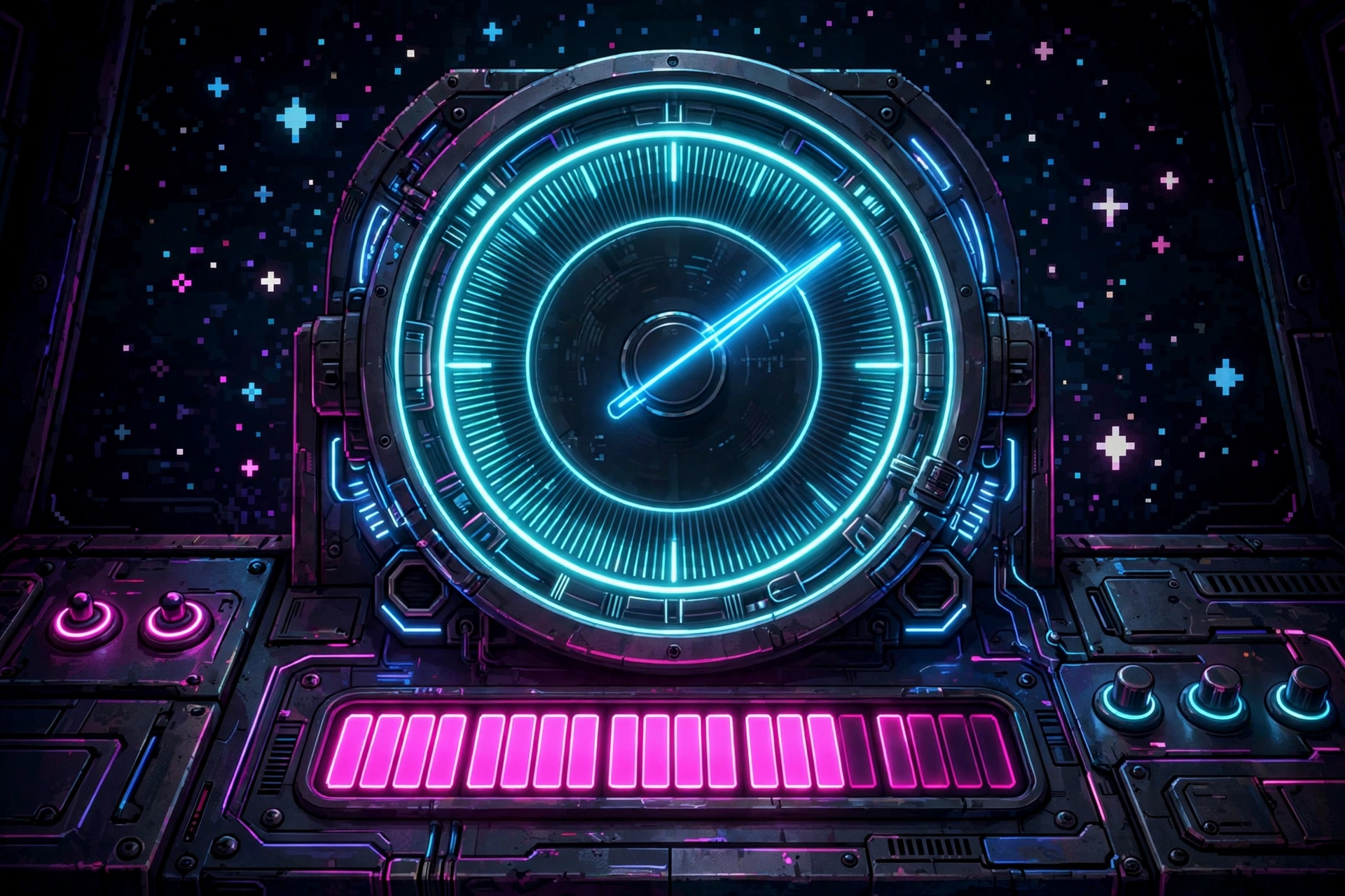 Neon data meter gauge on an arcade dashboard