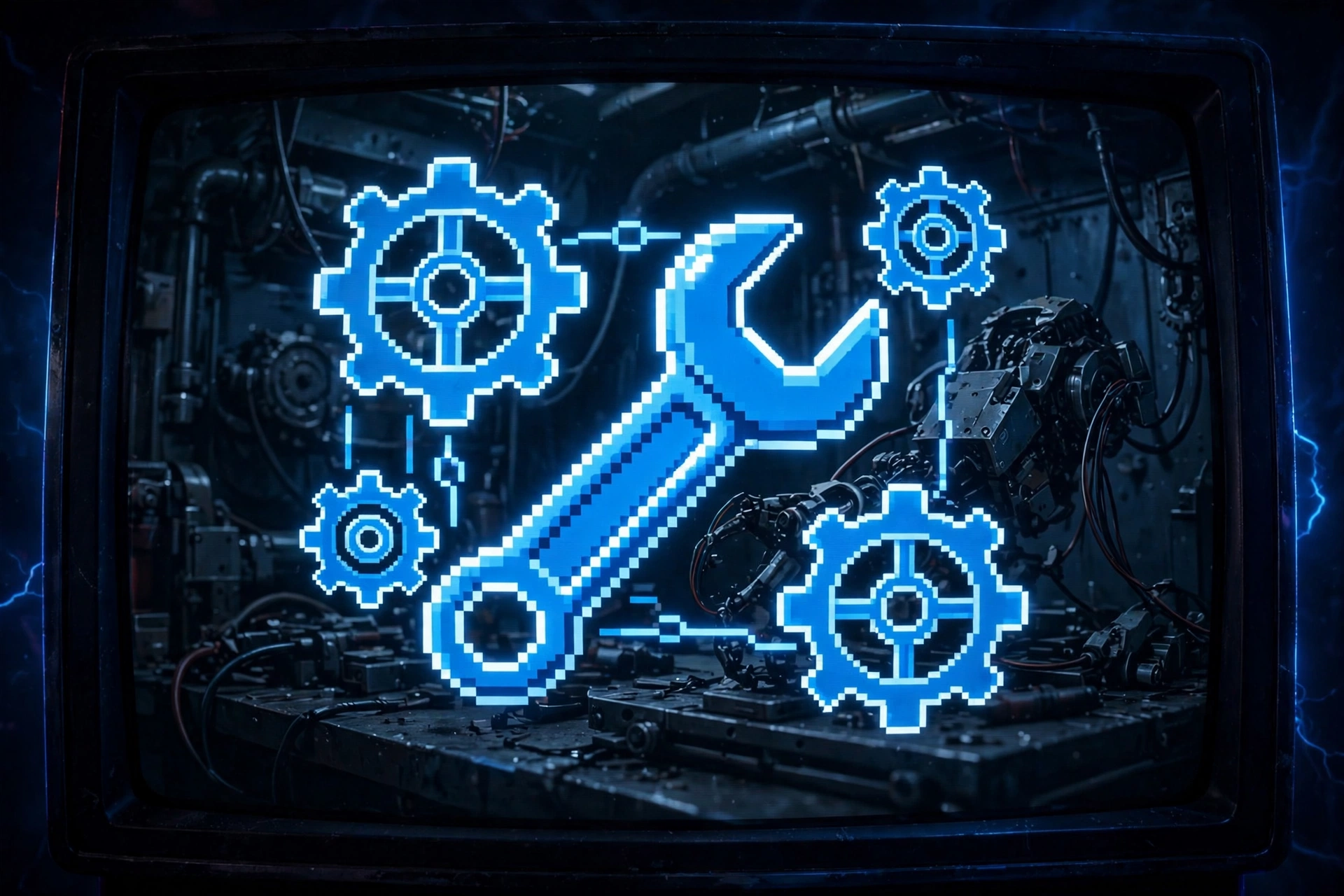 Pixel wrench and gears over a paused video frame in neon blue