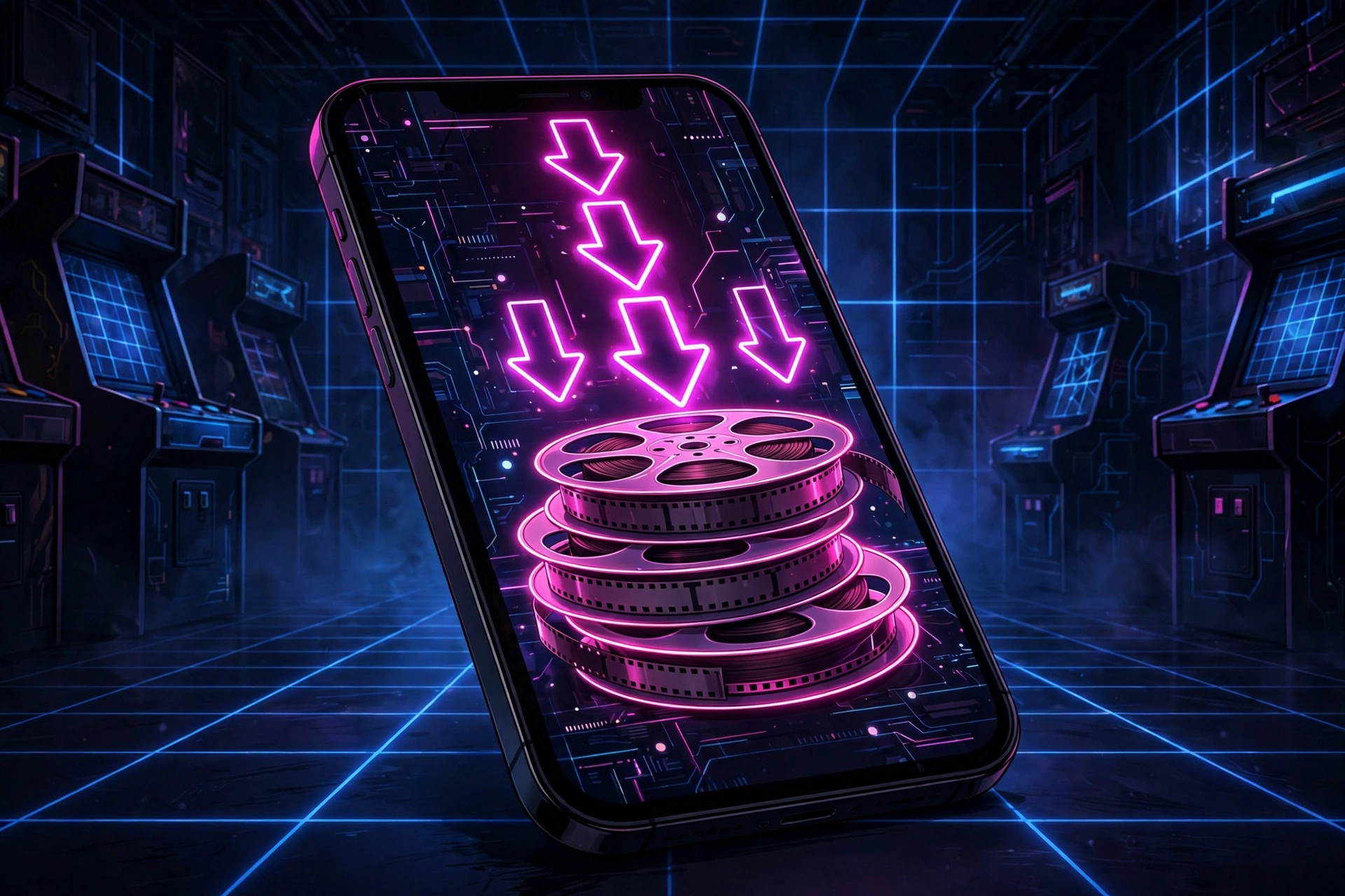 Smartphone with stacked movie reels and glowing download arrows