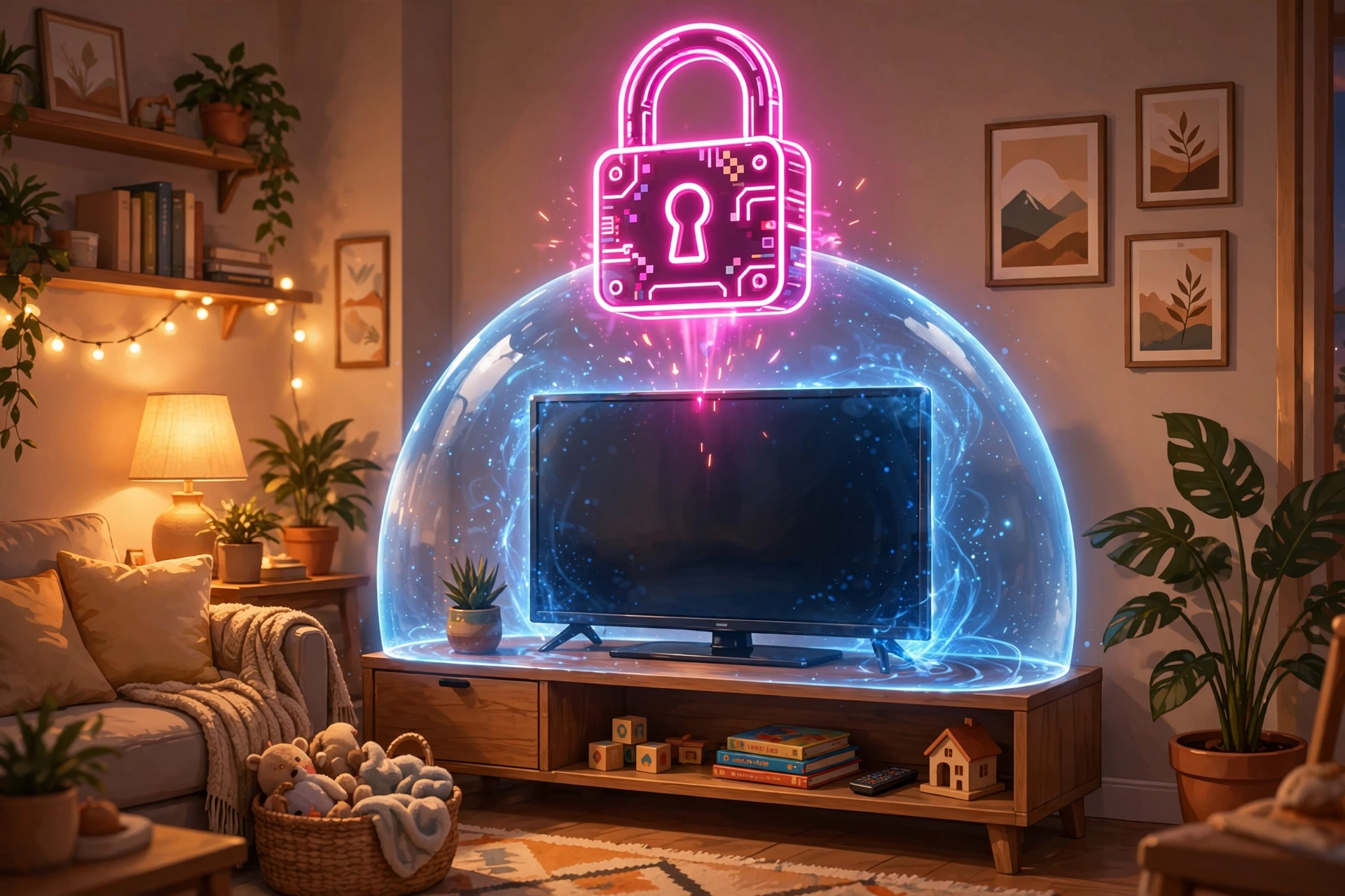 Neon arcade padlock glowing over a family TV