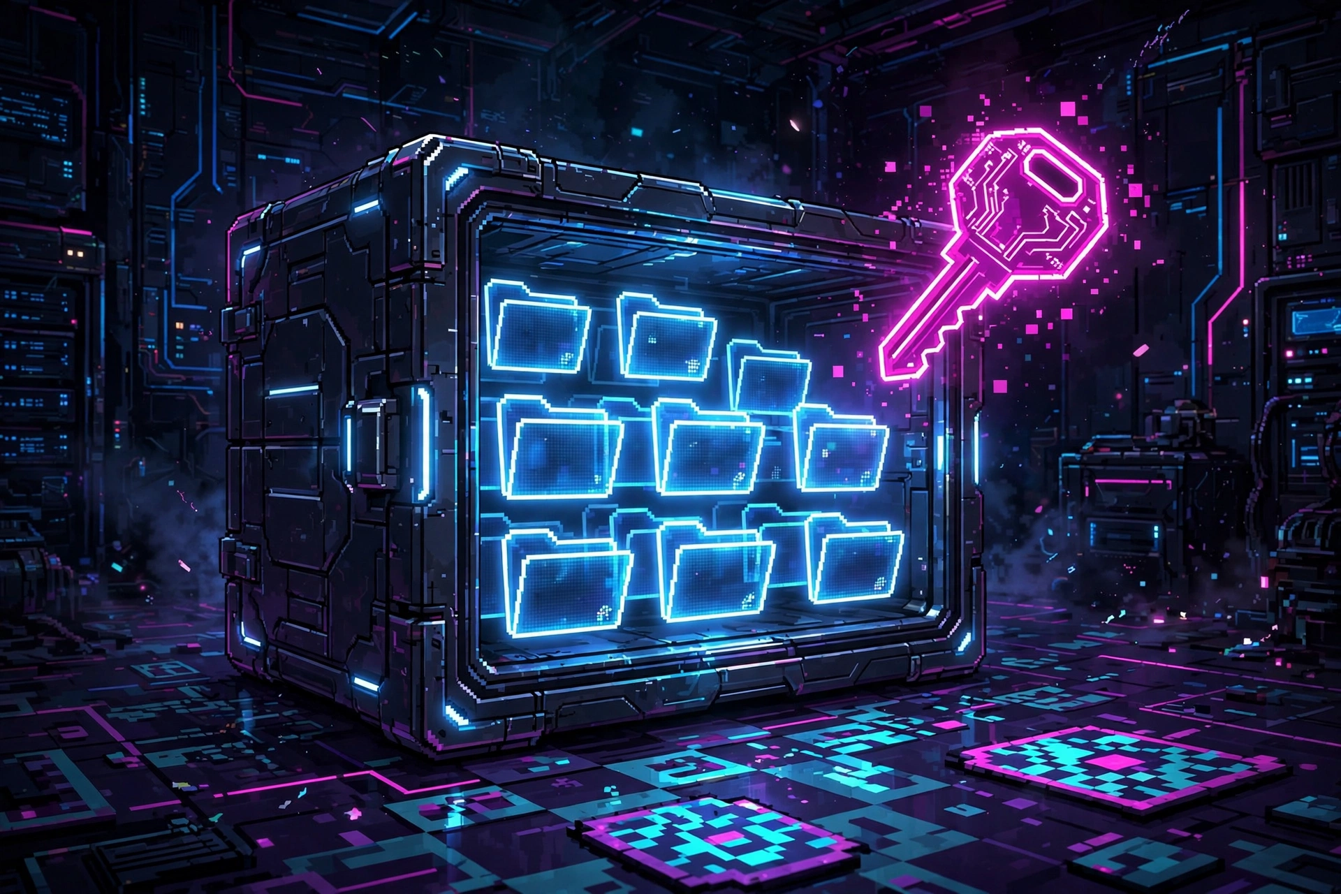 Glowing storage vault with neon folder icons and permission key