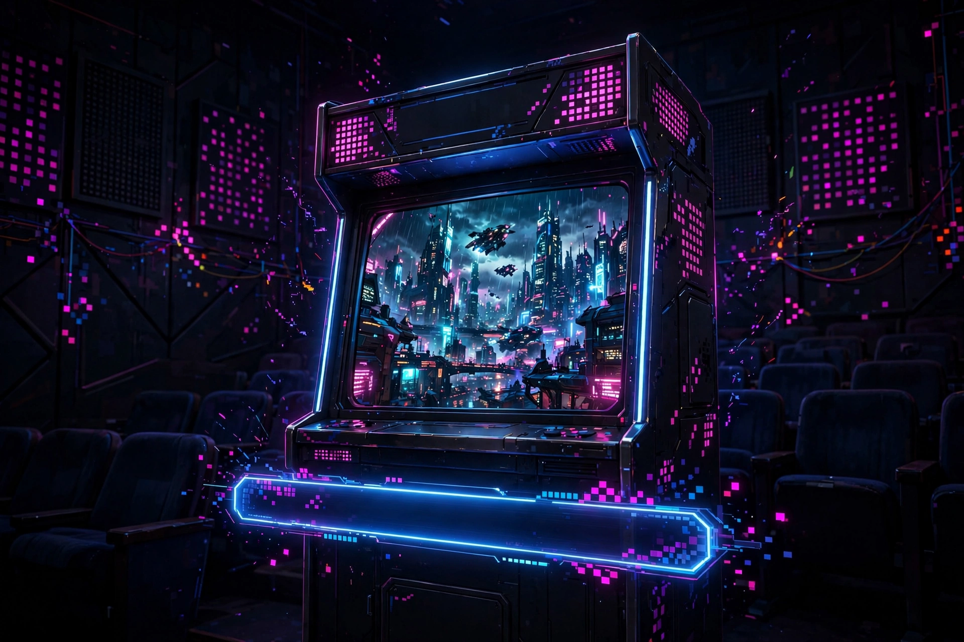 Movie scene on glowing arcade screen with neon subtitle bar