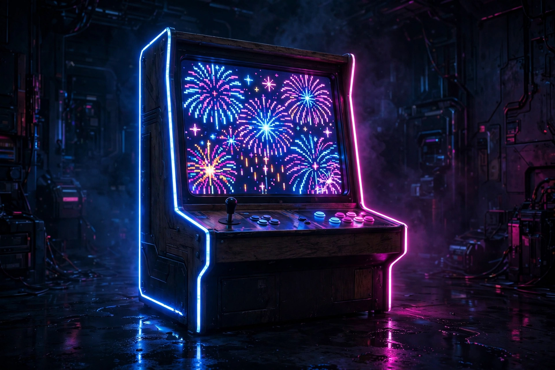 Retro arcade cabinet screen bursting with pixel fireworks in neon blue and magenta
