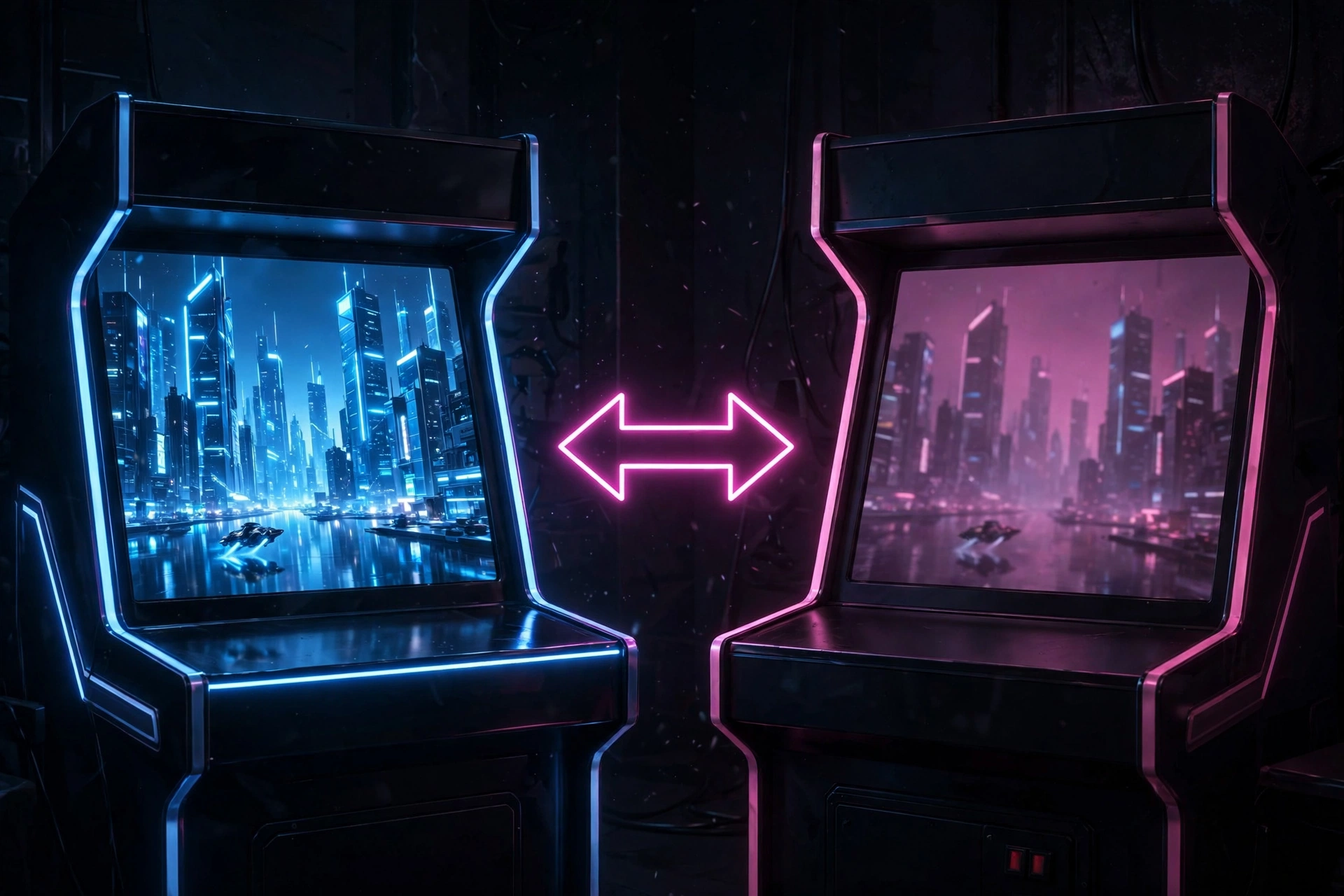 Two glowing arcade screens comparing video quality side by side