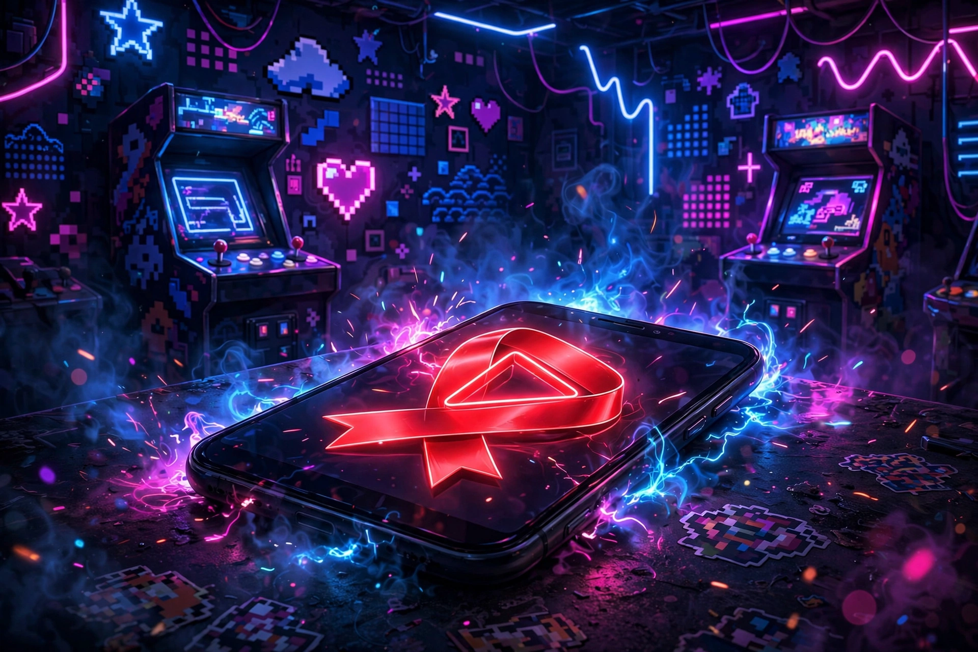 Smartphone glowing with a red play button in a neon arcade room