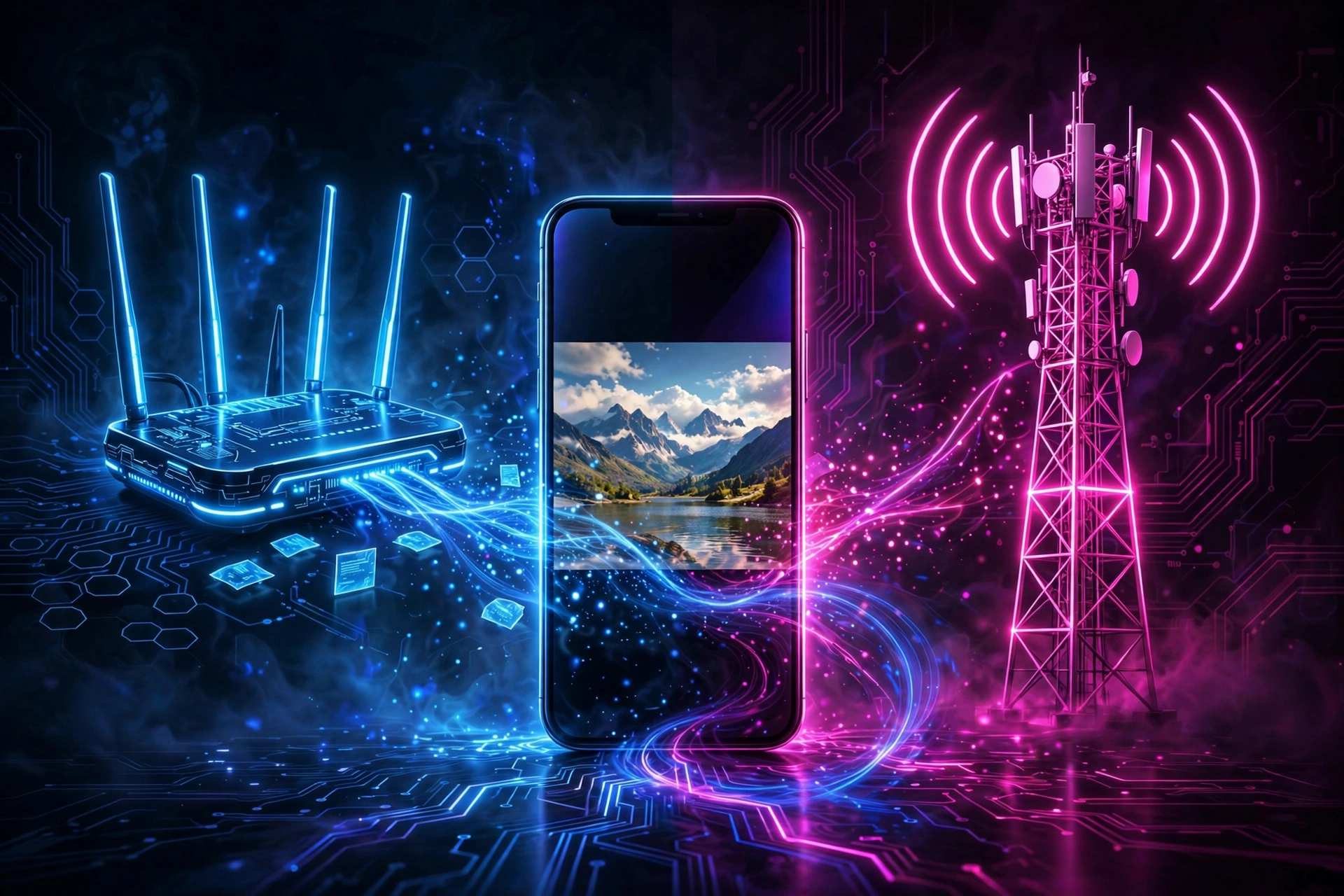Split neon scene with Wi-Fi router and mobile signal tower around a streaming phone